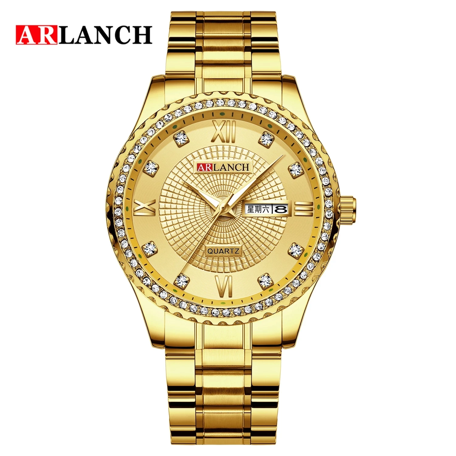 

ARLANCH Men's Luxury Watch Stainless Steel Business 18k Yellow Gold Diamond Dial & Bezel Calendar Waterproof Quartz Men Watch