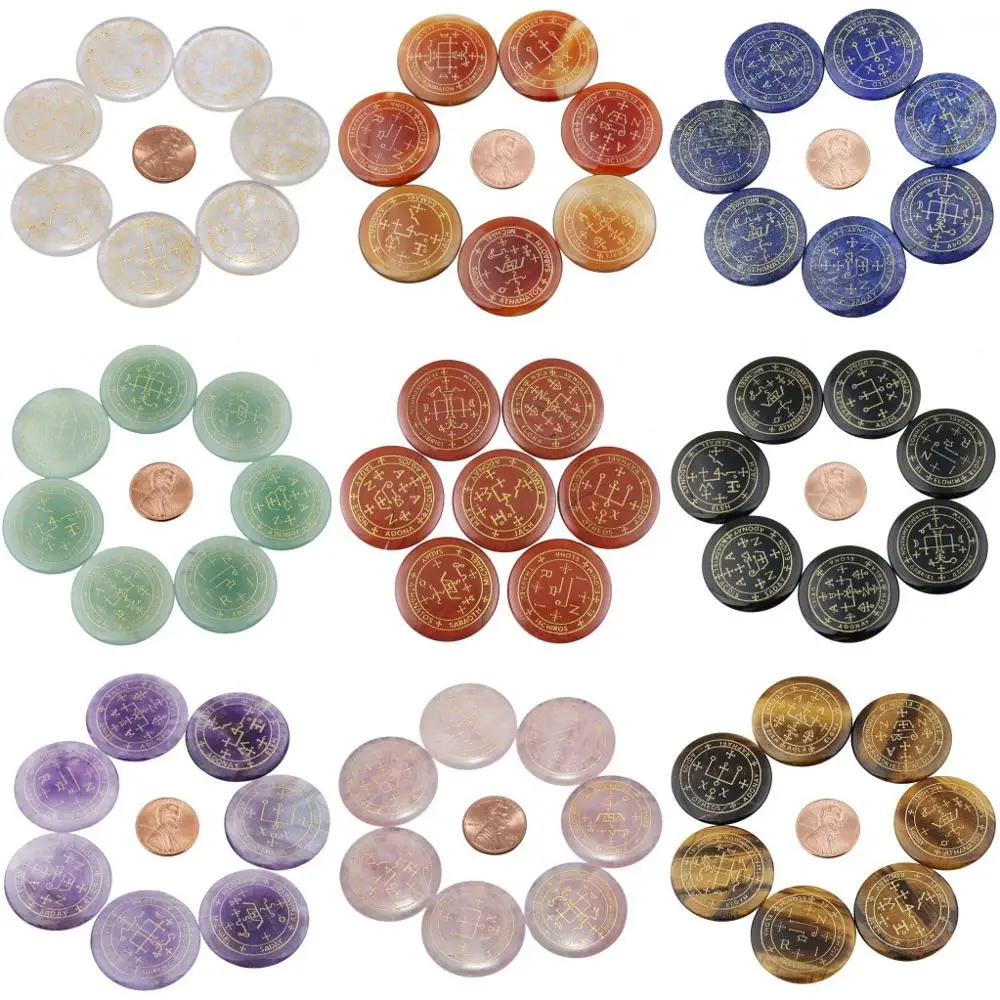 

7Pc/Set Round Crystal With Engraved Circle Magic Archangel Symbol Spiritual Powers Palm Stone Worry Stone For Chakra Balancing