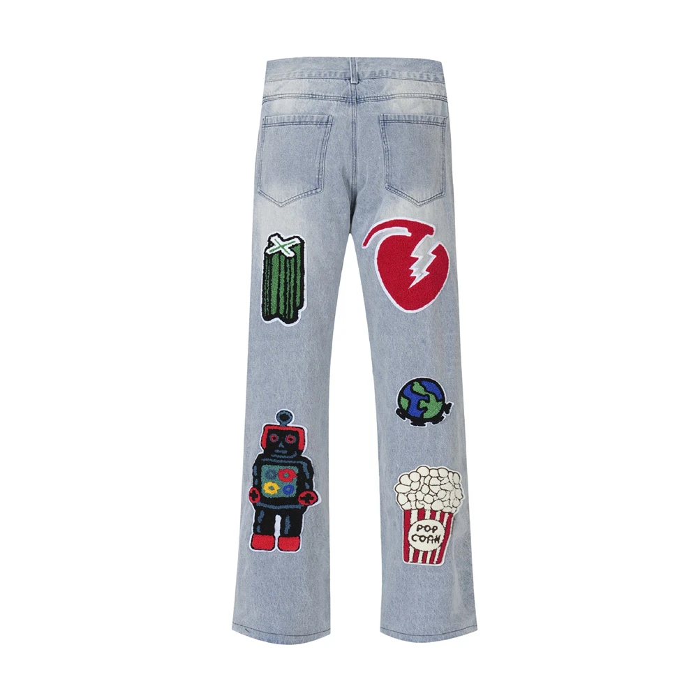 Men Hip Hop Denim Pants Jeans Streetwear Embroidery Skull Cartoon Denim Trousers Harajuku Funny Jeans Baggy Pants