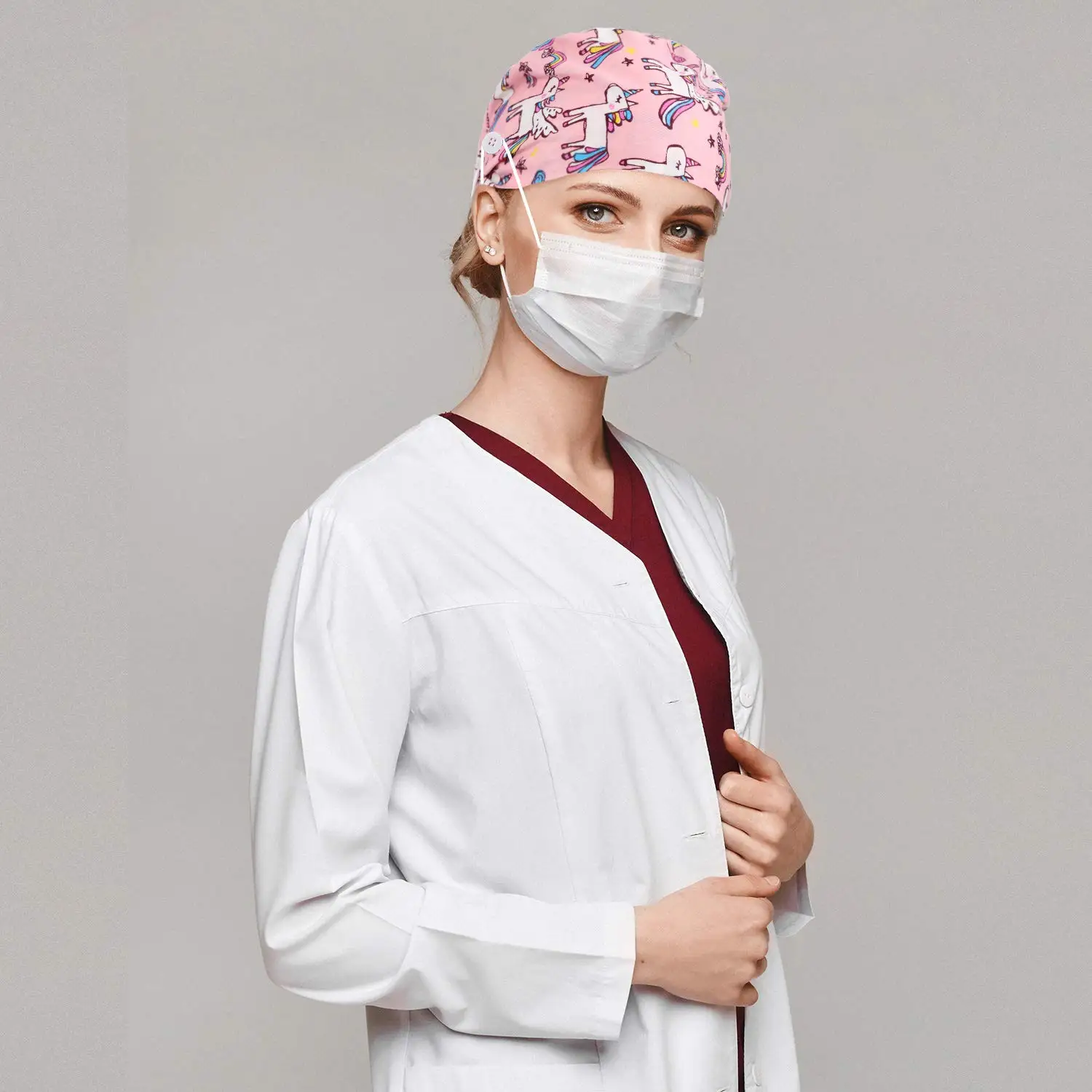 Хирургическая шапка для работы с принтом, с пуговицами, регулируемая повязка, головные уборы, головные уборы унисекс, эластичная женская шапка
