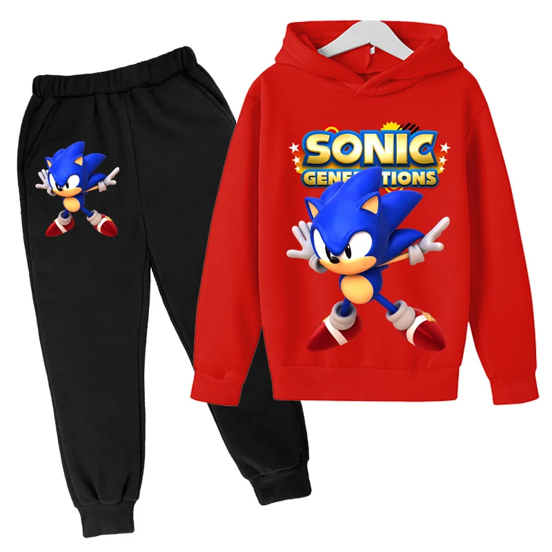 Children's Sonic Clothing 4-14t Boys and Girls Cotton Sonic Print Suits Kids Spring Autumn Hoodie Baby Clothes Two-piece Suit