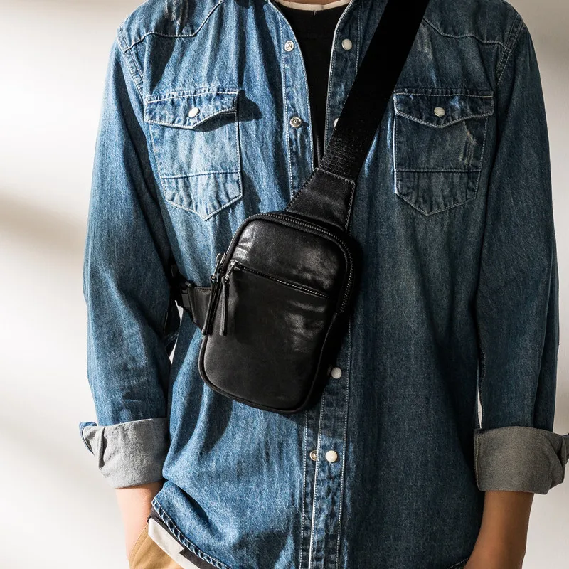 Fashion designer natural genuine leather men's black chest bag outdoor casual daily high quality real cowhide crossbody bags