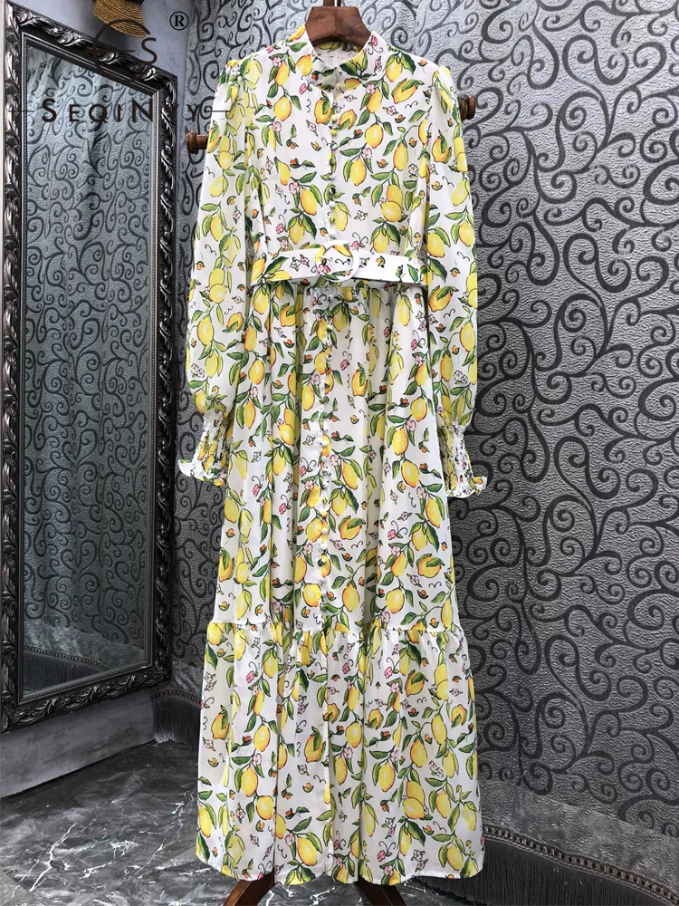 

SEQINYY White Long Dress Summer Spring New Fashion Design Women Runway High Street Yellow Lemon Flower Print A-Line Belt