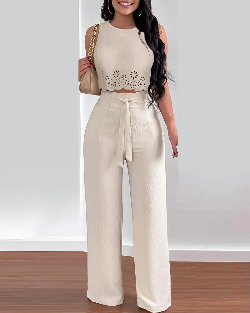 

Sleeveless Cutout Top with Strappy High-waisted Pantsuit Chic Fashion Summer Daily High Style Casual Form-fitting