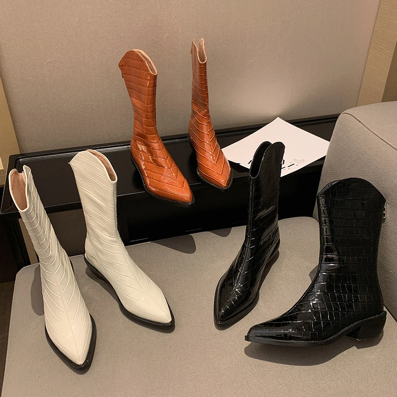 

New Shoes 2022 Fashion Mid-Calf Women Boots Zippers Female Casual Heel Outdoor Pointed Toe Luxury Ladies Modern Chelsea Boots