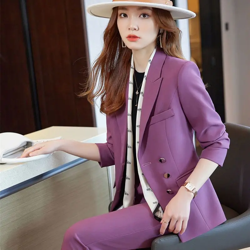 

Elegant Women Pant Suits Formal Uniform Office Lady Business Work Buttons Suit Female 2 Piece Pants Blazer Set Clothes 2023 W52
