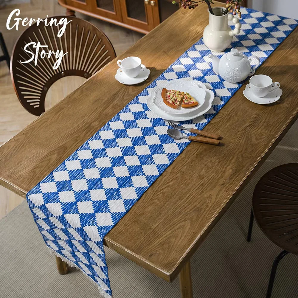 

Gerring Thick Blue Table Runner Geometric Dining Table Decoration Wedding Country Boho Home Decor TV Cabinet Tablecloth