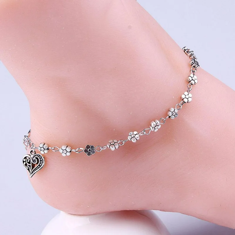 

Fashion Foot Chain Tibetan Silver Hollow Plum Flowers Heart-Shaped Anklet For Women