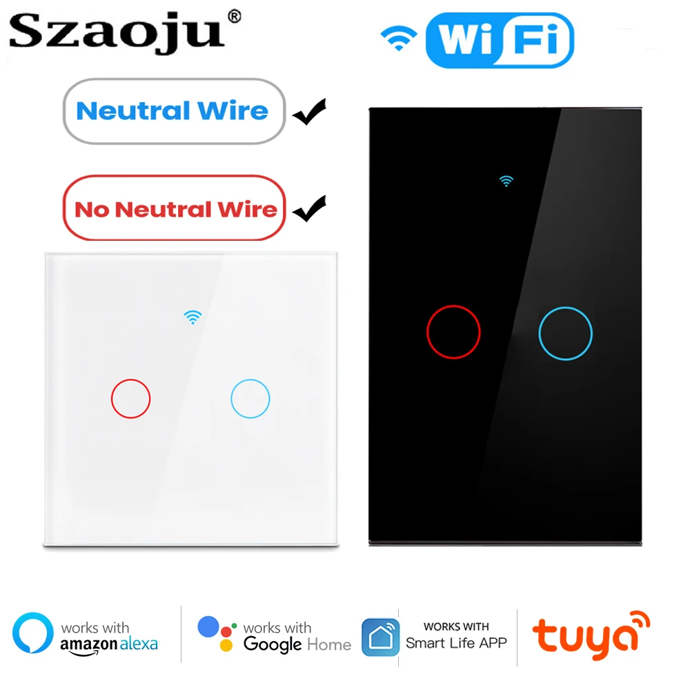 Умный сенсорный выключатель Szaoju Tuya, Wi-Fi, стеклянная панель, голосовое управление, беспроводные Настенные переключатели, работает с Alexa Google Home 1/2/3 клавишами