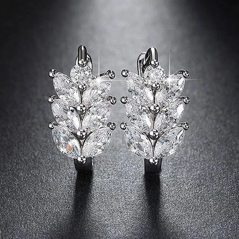 

Huitan Leaf Shape Hoop Earrings Women with Marquise White Cubic Zirconia Fashion Contracted Small Circle Trendy Jewelry