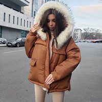 2022 new winter down jacket loose hooded furry zipper cotton jacket street hipster casual simple style top oversized jacket