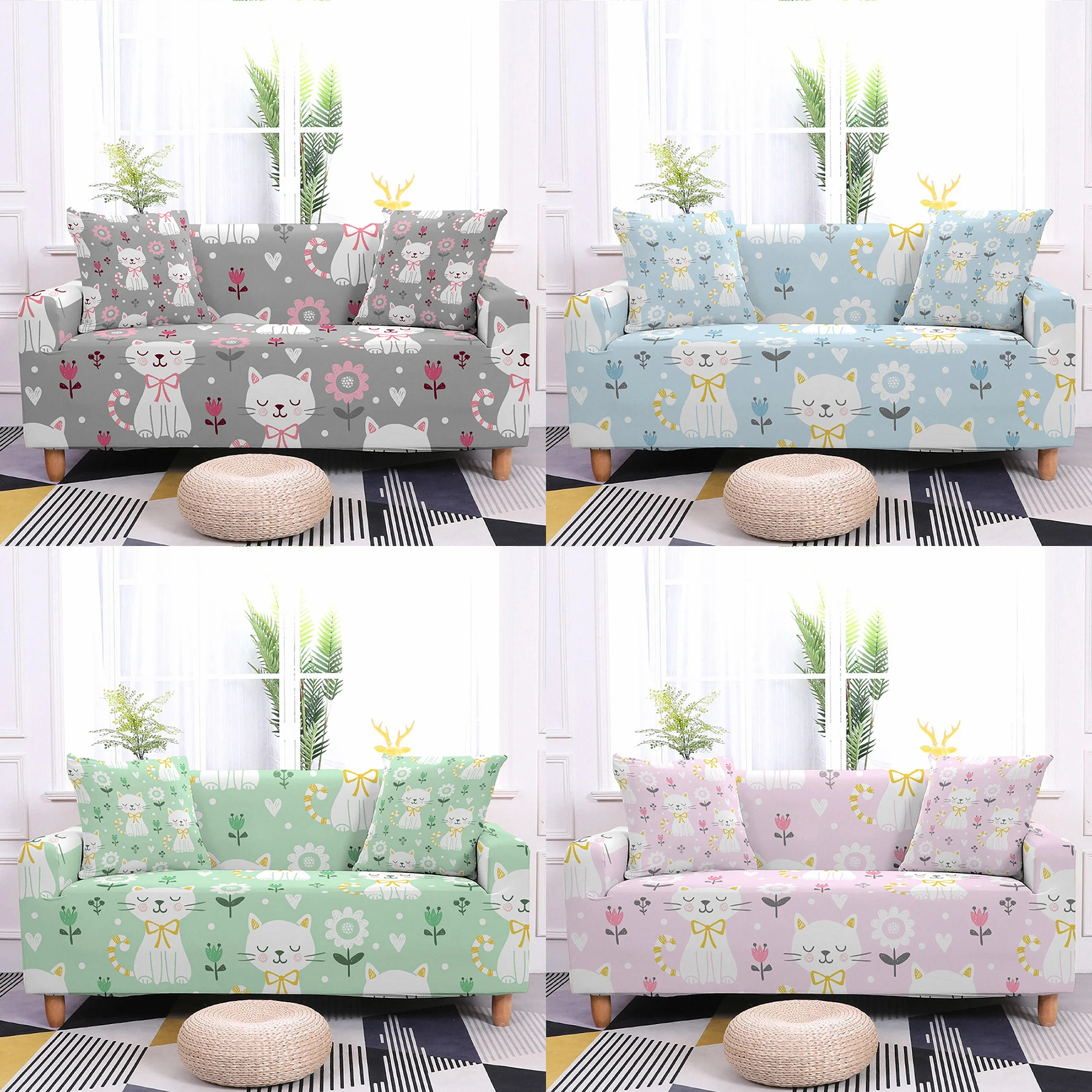 

Cute Cat Sofa Silpcover Colorful Sectional Fully-wrapped Corner Sofa Cover All-inclusive Elastic Sofa Protector for Living Room