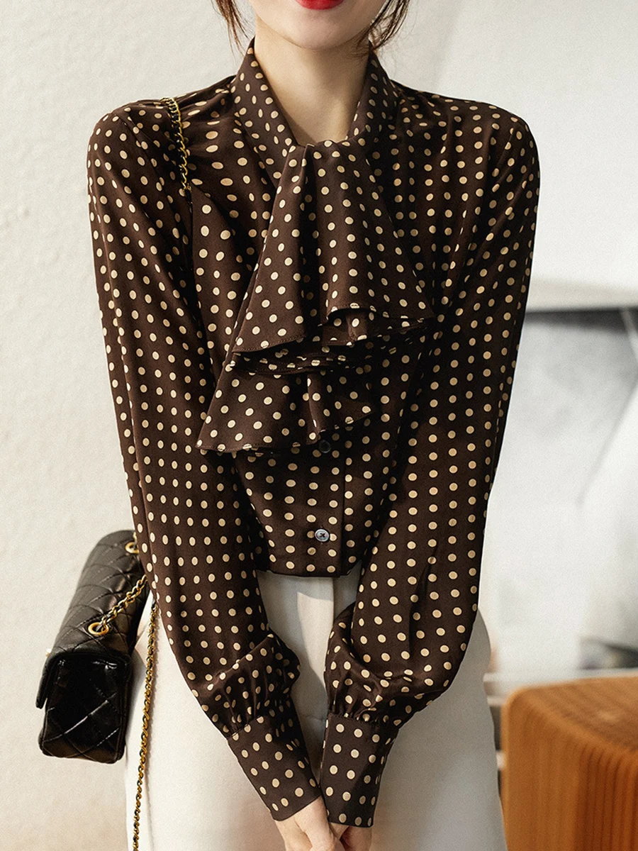

Fashion Women's Blouse Spring 2022 New Loose Polka Dot Tie Neck Button Patchwork Office Lady Long Sleeve Elegant Blouses Top