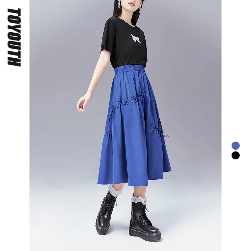 

Женская трапециевидная юбка с поясом на резинке, голубая или черная однотонная длинная юбка с цветочным узором, в винтажном стиле, лето 2022