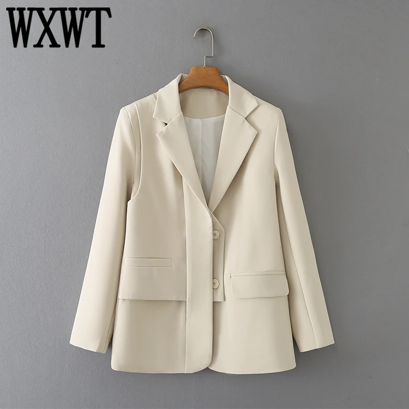 

WXWT Women Beige Personality Two Wear Blazer Vintage Notched Collar Long Sleeve Jacket Coats Female Fashion Solid Tops DT27833
