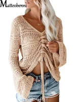 2022 women sweater thin loose female pullover short v neck hollow out knitted drawstring flared long sleeve ladies crop tops