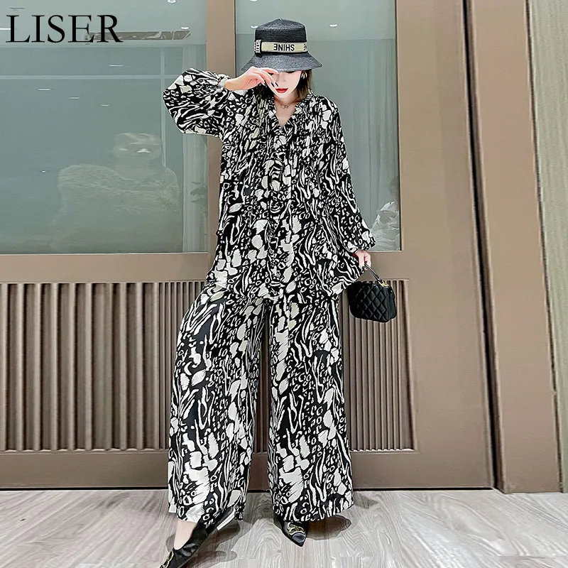 

Fashion Printed Casual Sets White Black Women' Two Piece 2022 Spring New Loose Long Sleeve Shirt + Straight Wide Leg Pants LL835