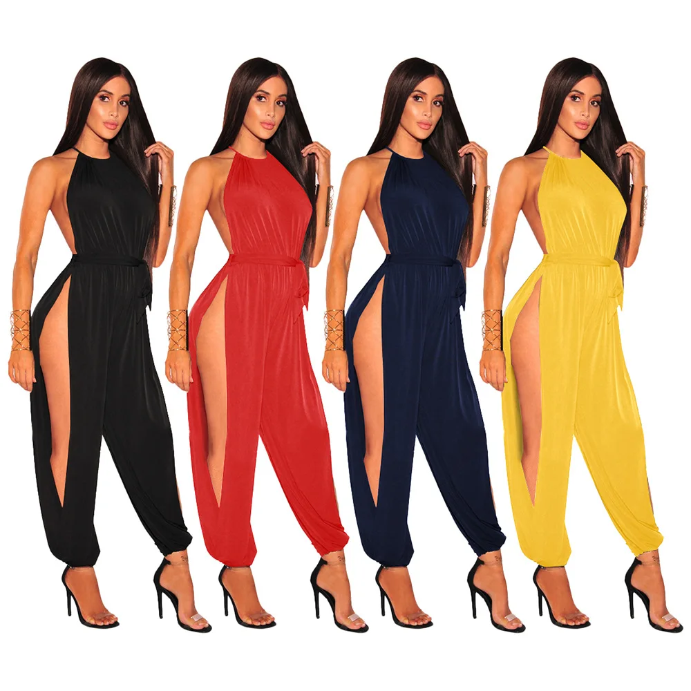 Women New Nightclub Hollow Out Jumpsuit Casual Solid Sleeveless O-Neck Belt Jumpsuit Sexy Lace Up Slim Rompers Jumpsuit