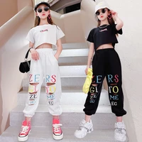 2022 new summer girls clothes jazz tracksuit dancing kids hip hop midriff baring letter t shirt ripped pant 7 9 12 14 16 years