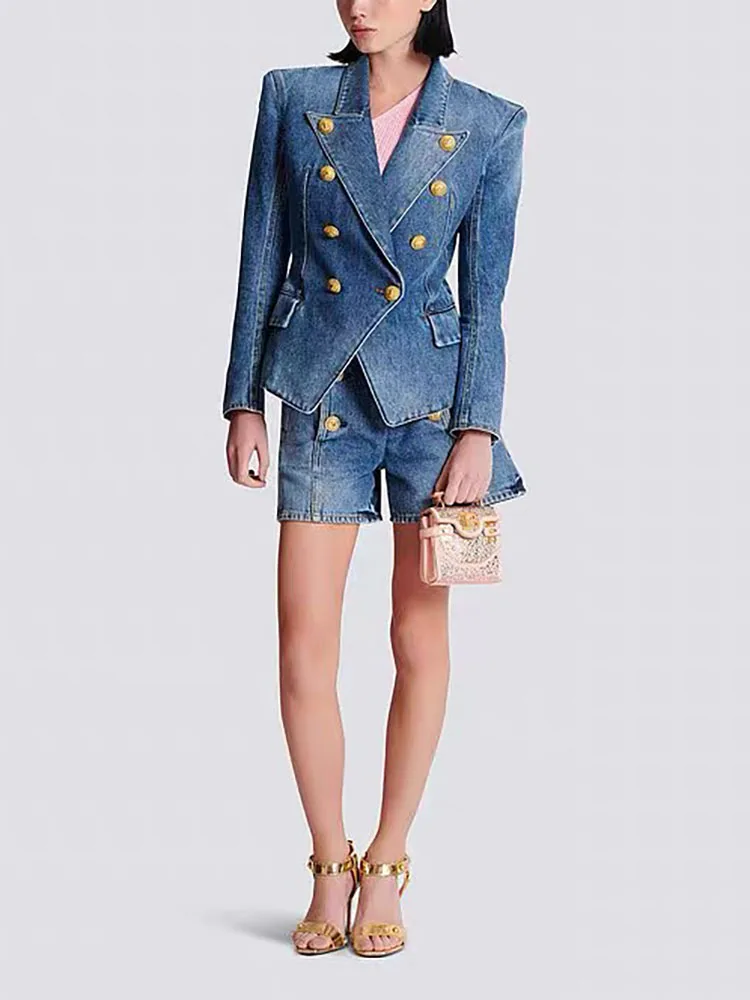 Куртка женская с длинным рукавом двубортная джинсовая приталенная вареным