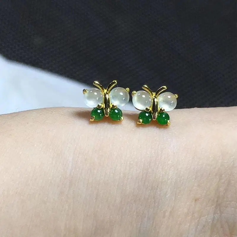 

New jade chalcedony ice Earrings 925 sterling silver inlaid plated small butterfly exquisite and sweet jewelry
