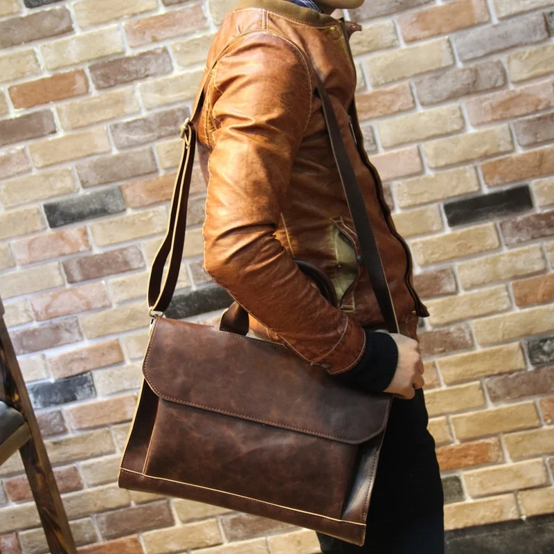 

Luxury Fashion 14" Genuine Leather Business Briefcase Men's bag crazy horse leather Handbag Shoulder Messenger Bag Laptop bags