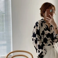 cows pattern shirt polyester fabric black and white anti wrinkle long sleeve korean style salt top
