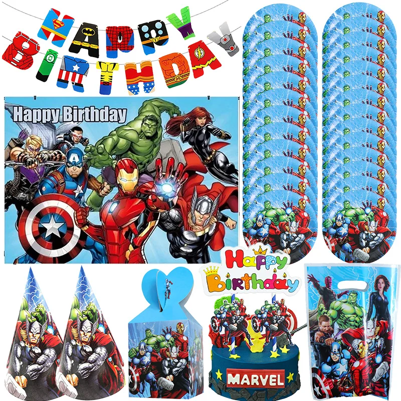 Фото Мстители Marvel детский декор на день рождения одноразовая посуда салфетки Человек-паук Железный человек 3D воздушный шар супергерой товары для вечеринок №1