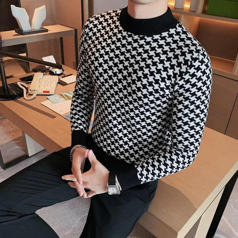 2023 Men's Winter Warm High Collar Knitting Sweater/Male Slim Fit Fashion Casual Pullover Men's Plaid Knit Shirt British Style