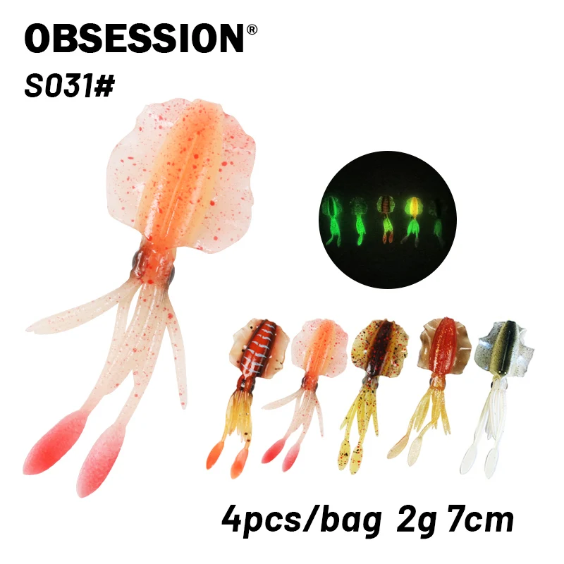 

OBSESSION 6cm 2g UV Soft Squid Lure 4pcs/Bag Silicone Bass Luminous Fishing Lure Swimbait Worm Artificial Bait Wobbler Squid Jig