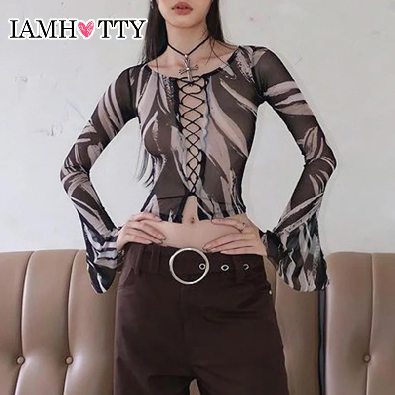 

IAMHOTTY Zebra Print Flare Long Sleeves Mesh Cropped Top Women Fairy Grunge Criss-cross Bandage Skinny T-shirts Vintage Street