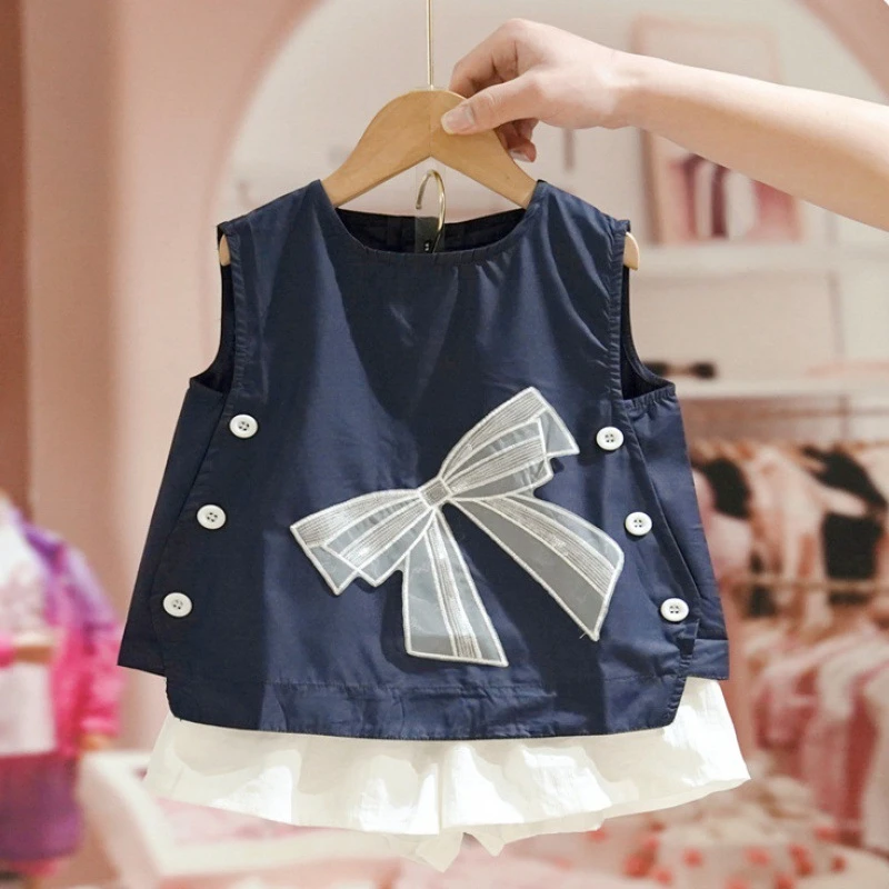 

New 2023 Girls Clothing Sets Summer Sleeveless Bow Vest Shorts Children Sets Fashion Girls Clothes Suit 2pcs Outfits