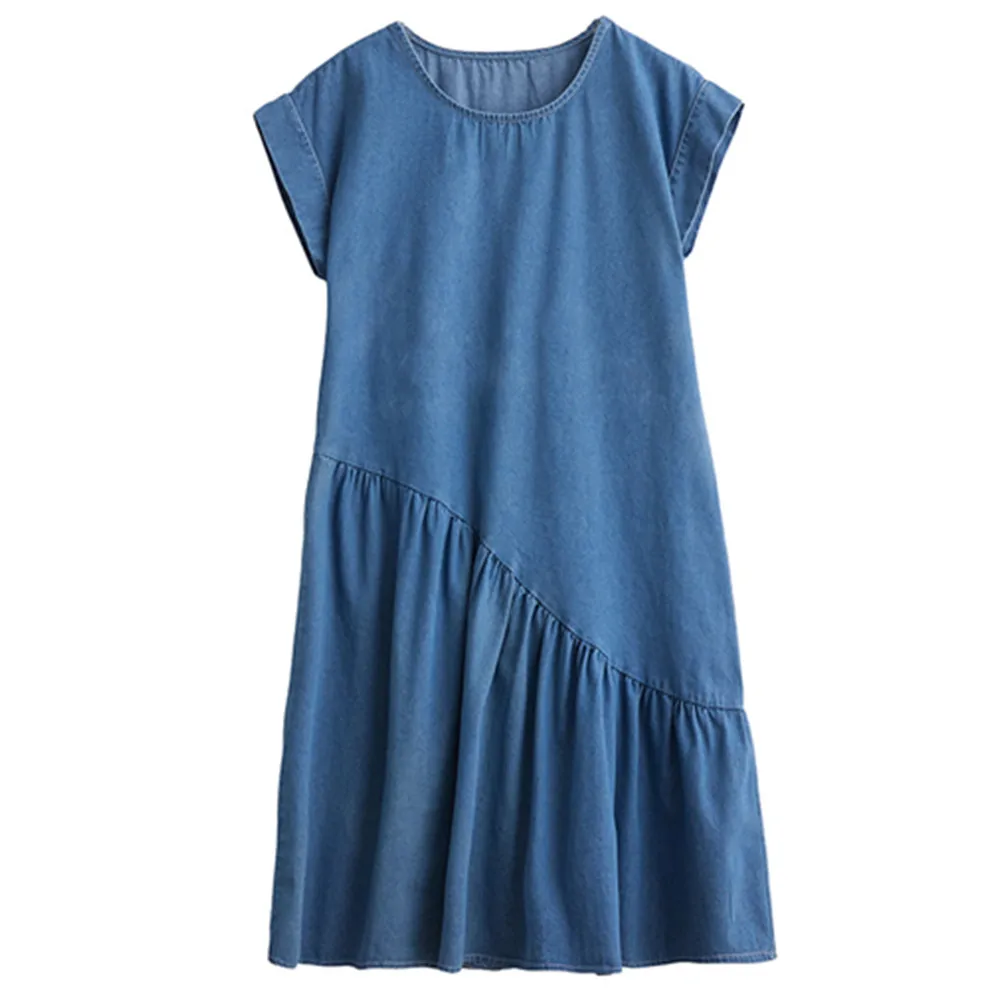 

Women's Vintage Denim Dress Short Sleeve Ruffle Loose Baggy Casual Ladies Jeans Dress Womans Clothing