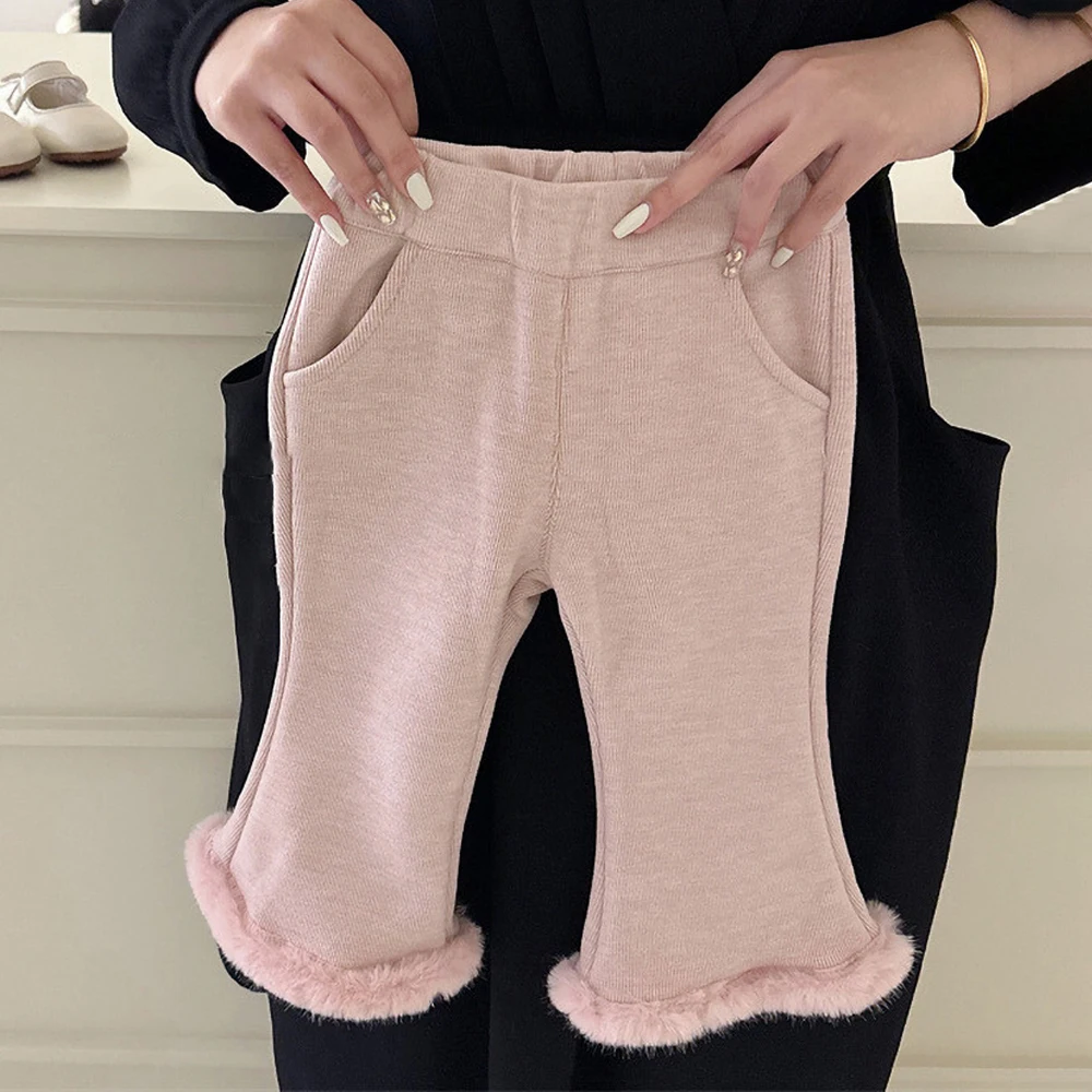 Зимние Бархатные расклешенные брюки для девочек милые розовые плюшевые узкие