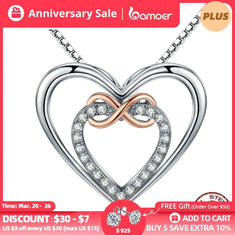 

Bamoer 925 Sterling Silver Elegant Double Heart Infinity Love Pendant Necklace for Women Fine Jewelry Anniversary Gift SCN121