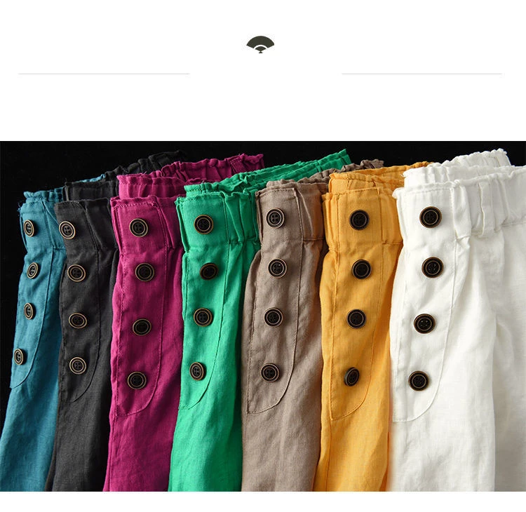 Summer Cotton and Linen Shorts Fashion Lady Buttons Solid Color Loose High Waist Shorts Casual Home Women's Medium Short Pants