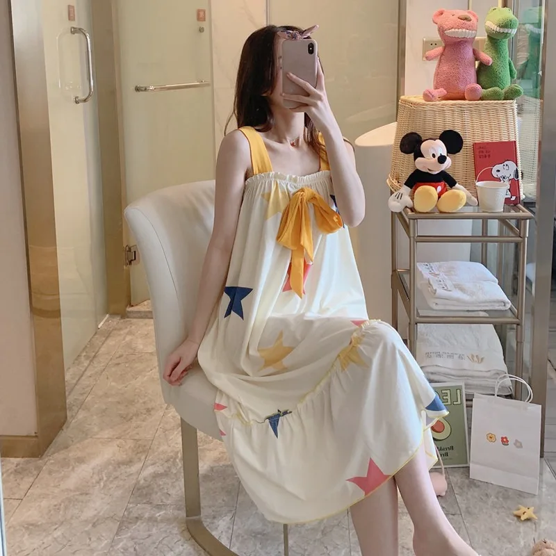 

2022 Summer Plus Size Sexy Spaghetti Strap Long Dress Nightgowns for Women Cute Bow Sleepwear Nightdress Night Dress Home Nighty