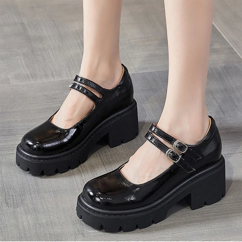 

Women Spring Autumn Mary Janes Shoes Double Buckle High Heels Platform Shoes Patent Leather Thick Sole Ladies Shoes Lolita