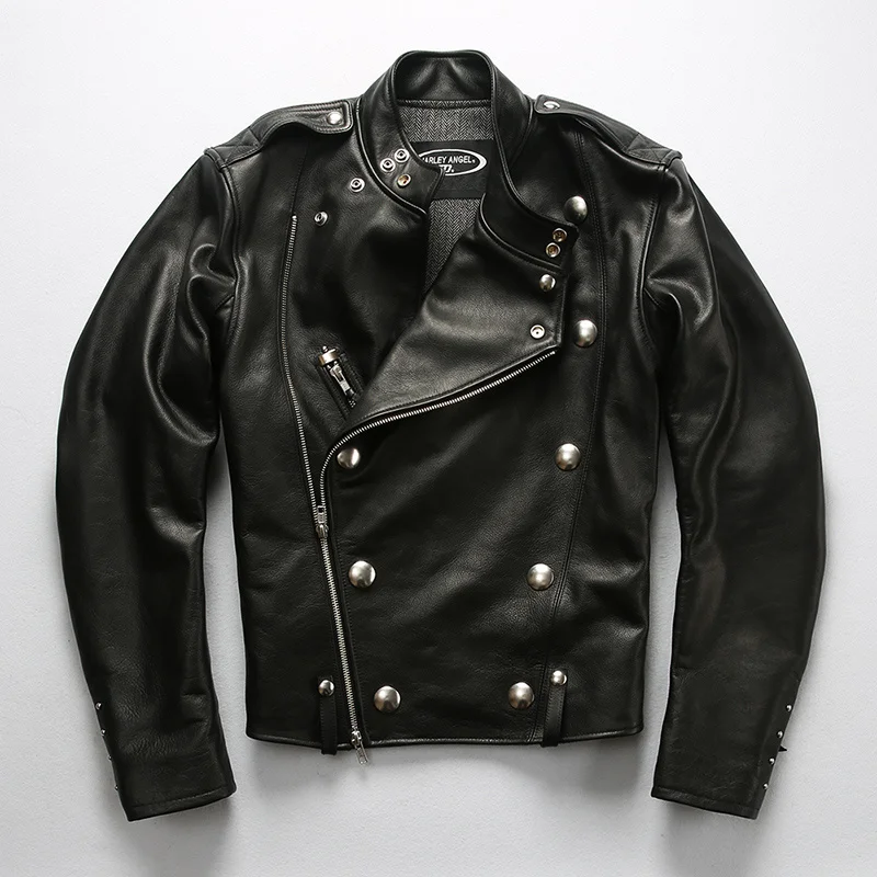 

Мужская винтажная куртка из натуральной кожи, черный двубортный жакет из мягкой воловьей кожи с заклепками, пальто большого размера 4XL, 2021