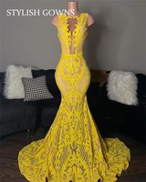 yellow o neck long prom dress 2022 appliques graduation gowns mermaid birthday party gown african robe de soiree