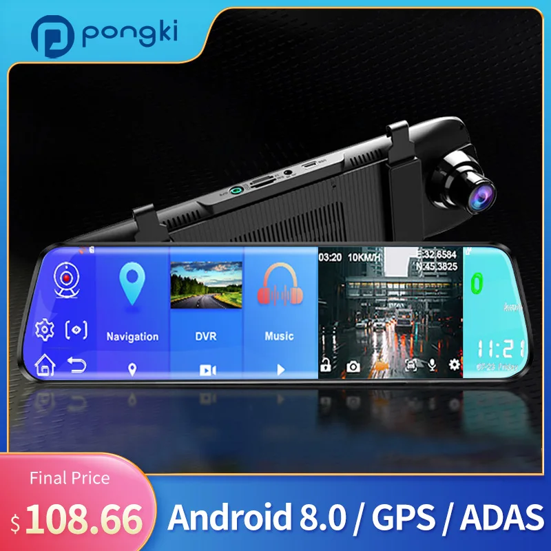 

Видеорегистратор Pongki A980S на зеркало заднего вида, автомобильная камера с 10-дюймовым сенсорным дисплеем, GPS, Wi-Fi, на базе Android