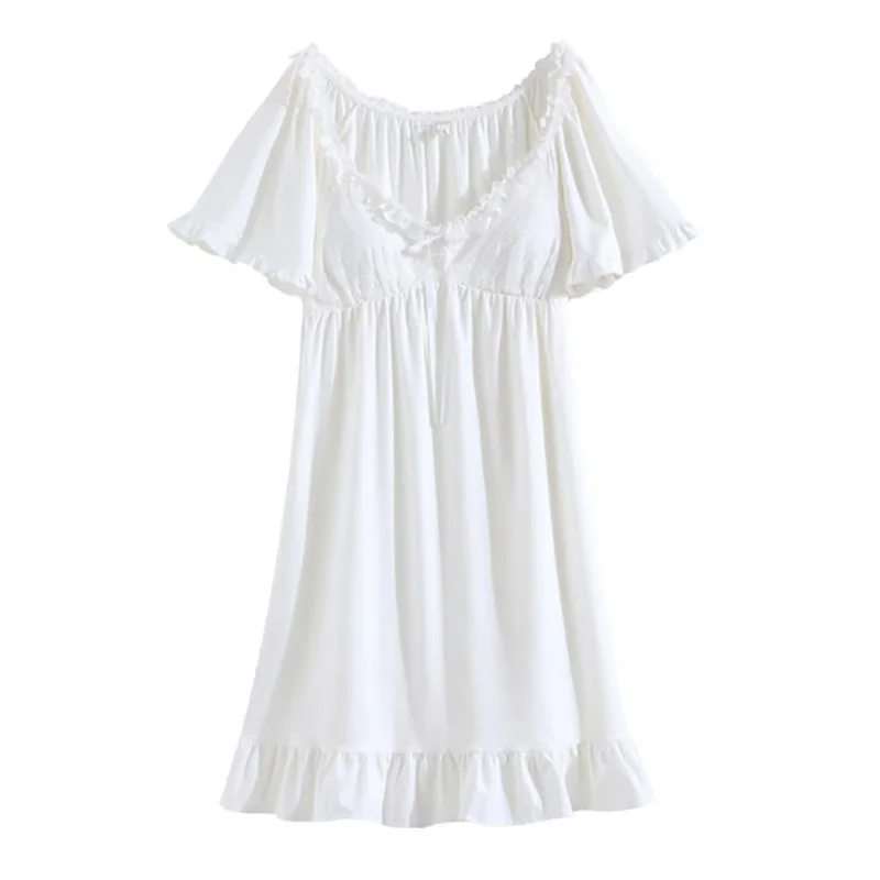 Women Summer Cotton Pajamas Nightdress French Fairy Short Sleeve V-neck Sweet Ruffles Princess Vintage Loose Victorian Sleepwear