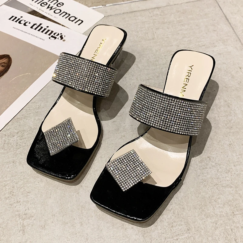 

2022 Summer All-match New Set of Toe Sandals and Slippers Women Wear Net Red Rhinestone French Middle Heels Crystal Thick Heels