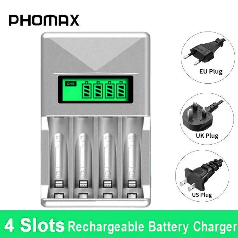 

PHOMAX 4 Slots AA/AAA Ni-Cd Ni-Mh Rechargeable Batteries Charger US/EU/UK Plug Power Adapter with Intelligent Power-off Function