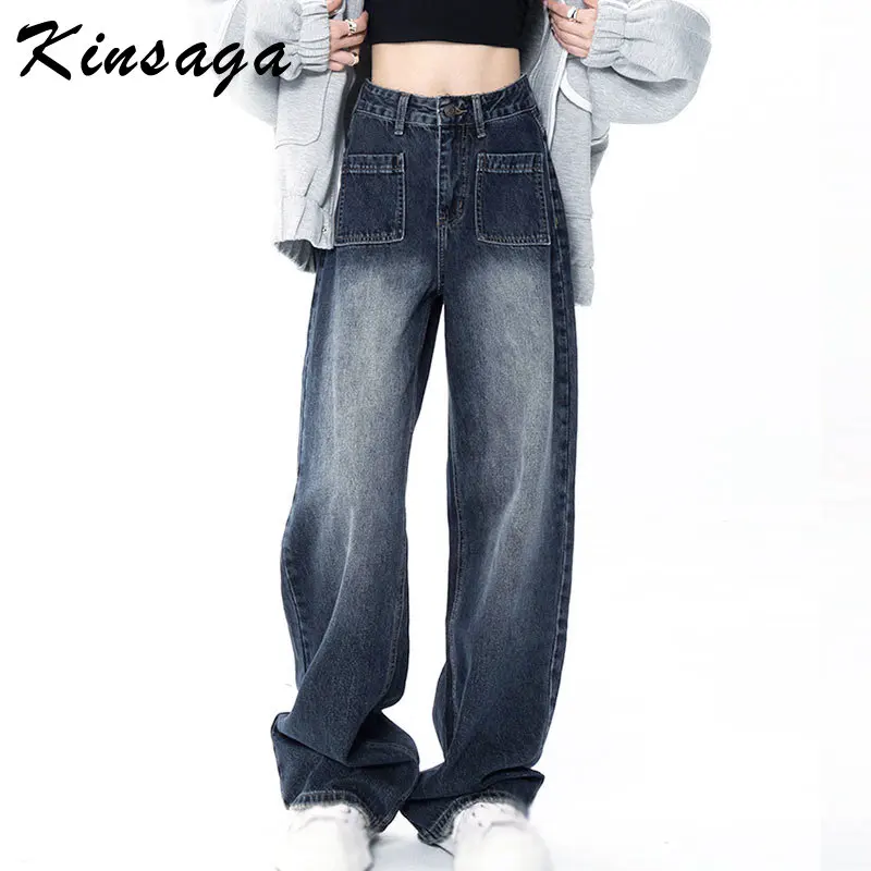 

Vintage Blue Baggy Straight Jeans Women Grunge Loose High Waist Cargo Denim Pants Streetwear Y2k Hip Hop Wide Leg Trousers 90s