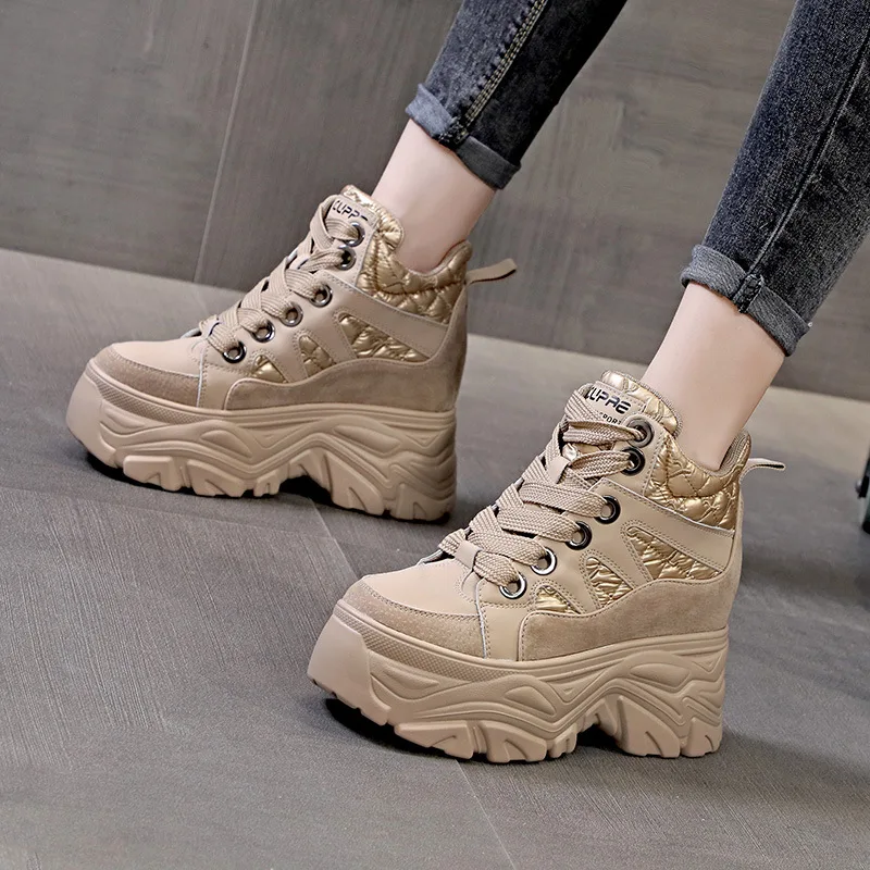 

Women's Ankle Boots Autumn Flock Chunky Shoes Woman Platform Height Increased Sneakers 9CM Thick Sole Wedges Snow Boots Winter