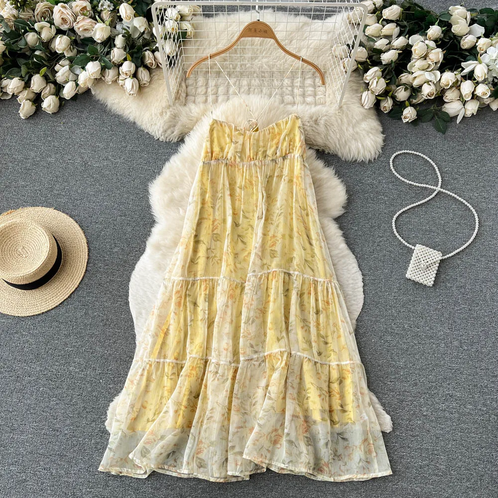 

Шикарное Многоярусное платье-комбинация с принтом, элегантное французское модное плиссированное платье, Пляжное Повседневное платье-трапеция для отпуска, летние женские платья