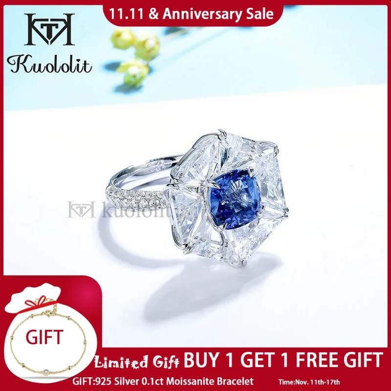 

Kuololit Lab Blue White Sapphire Moissanite Ring for Women Solid 18K 14K Luxury Gemstone Ring for Engagement Wedding New Trend