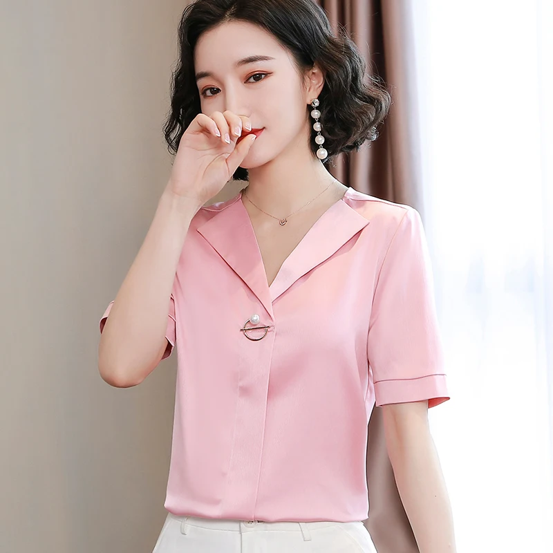 

Summer new Korean fashion V-neck silk satin top Office shirt and short-sleeved blouse women white shirt women pink tops