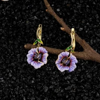 women bohemia flower leaf symmetrical gold color drops earrings beautiful purple enamel pendant dangle earrings wedding jewelry
